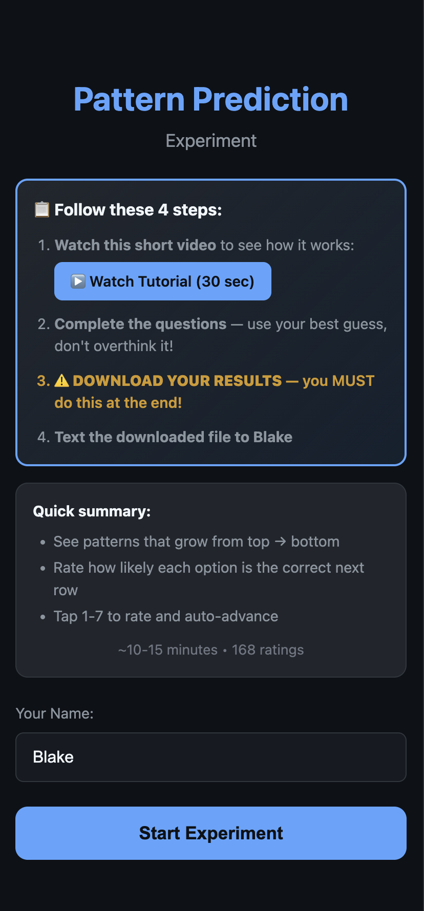 Experiment start page